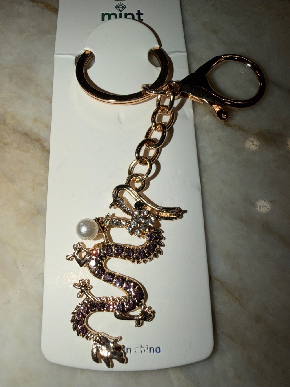 Mint Rose Gold Dragon Keychain with Pink Crystals and Faux Pearl
